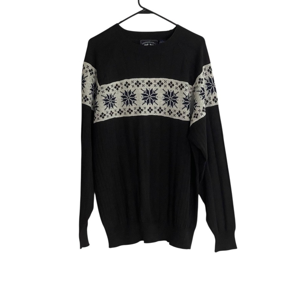Vtg Woods & Gray Knit Sweater Black Snowflake Pattern Long Sleeve XL
